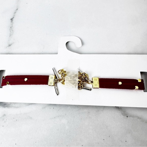 ❌5/$10 Ettika Red Triple Strand Studded Faux Leather Choker Necklace New - Picture 3 of 4